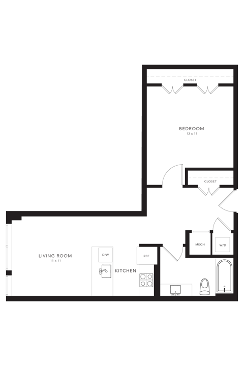 Floor plan for 1 bed, 1 bath, 640 sqft